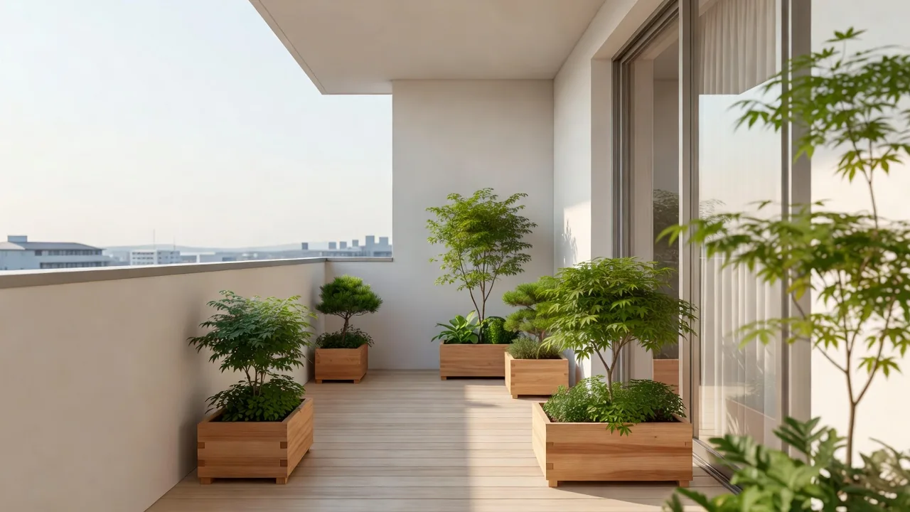 明るいマンションのベランダに並ぶ鉢植えの低木とハーブ