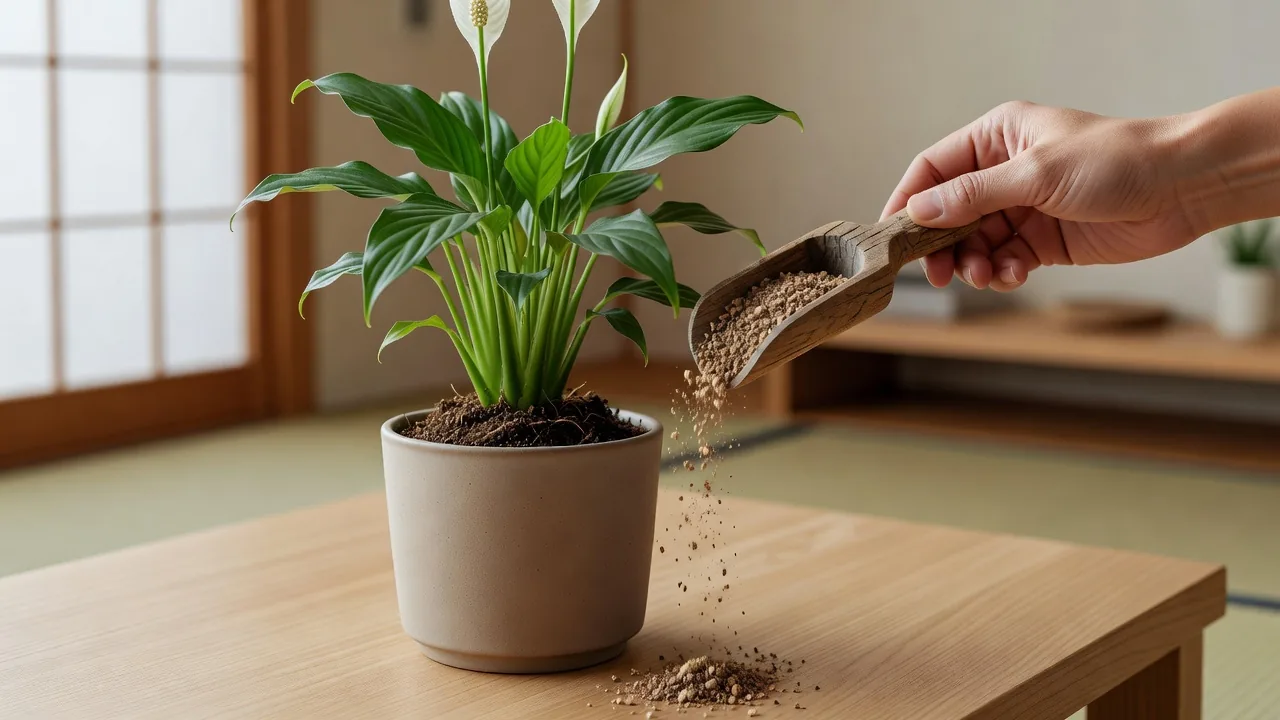 木のさじでスパティフィラムに粒状肥料を与える手元