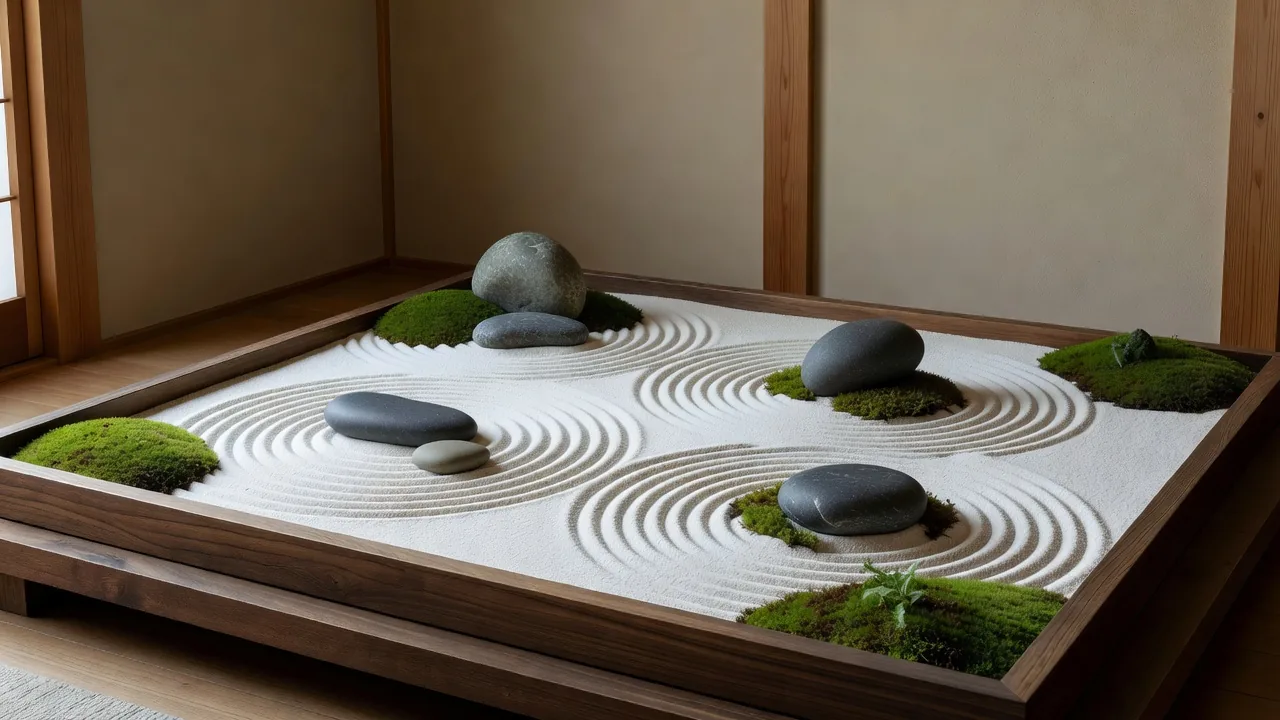 Raked white sand, dark stones and moss in a tray garden