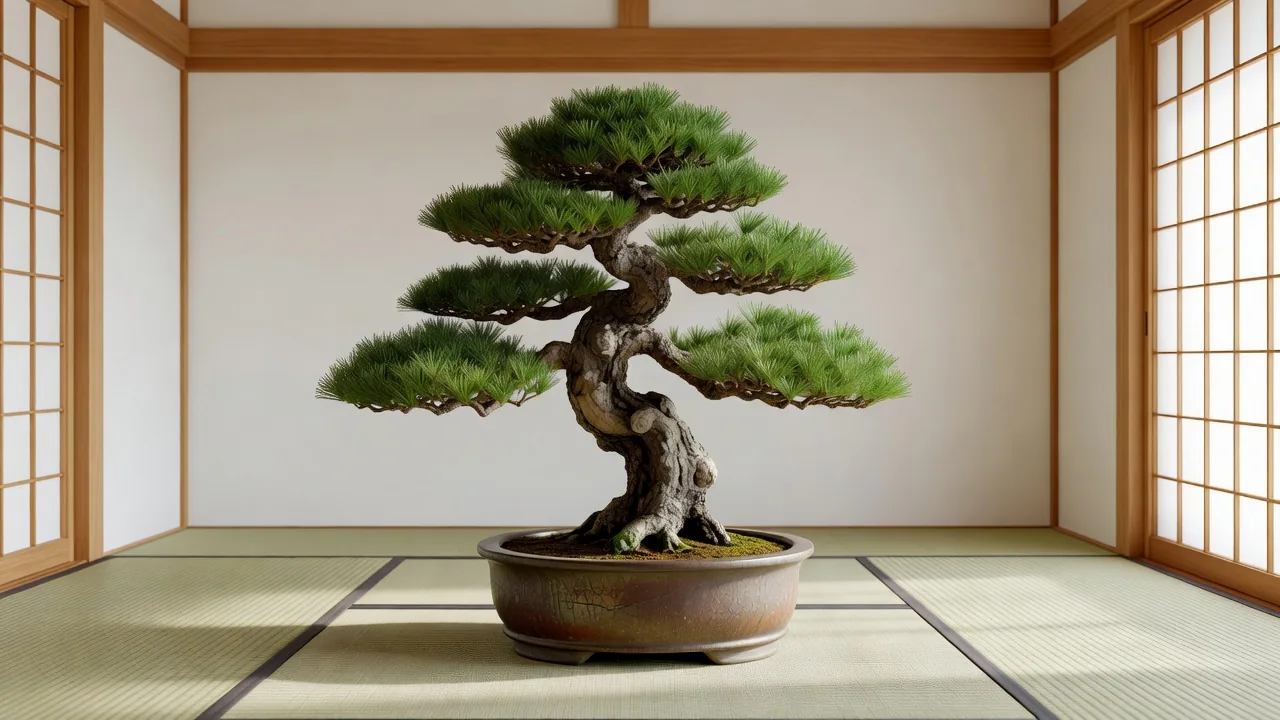 Pine bonsai on a tatami floor