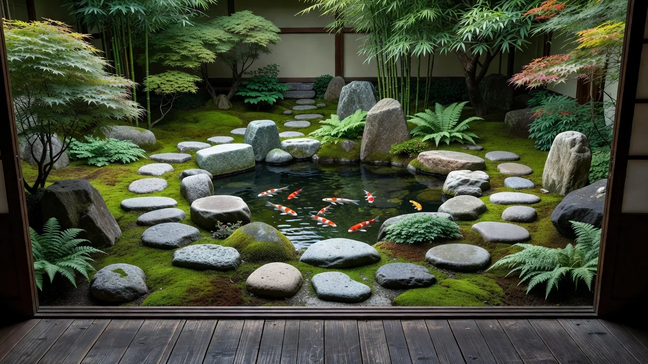 飛び石と苔、鯉の泳ぐ池のある坪庭