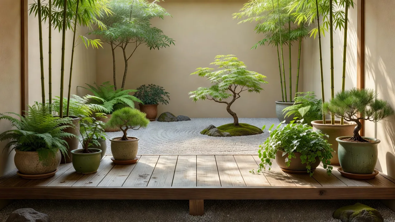 Potted maples and bamboo along a wooden engawa