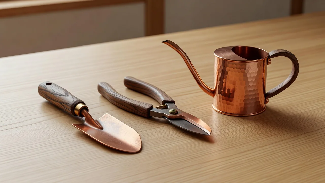 Copper trowel, pruning shears and watering can on a wooden table