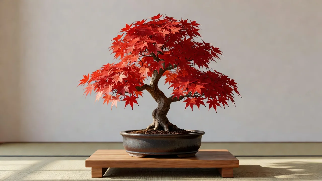 Japanese maple bonsai with red autumn leaves