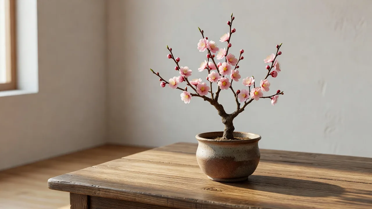 Ume bonsai in pink blossom in a ceramic pot