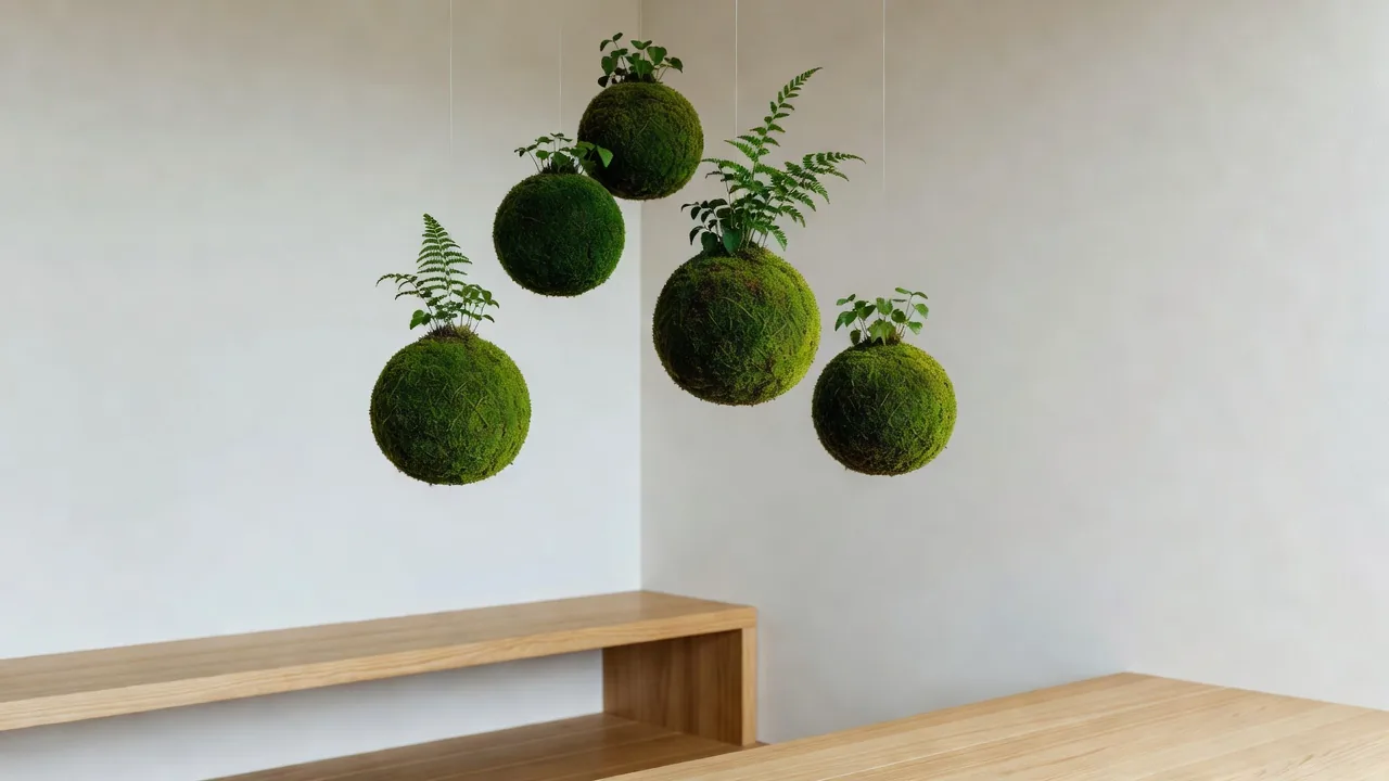 Kokedama moss balls hanging with ferns