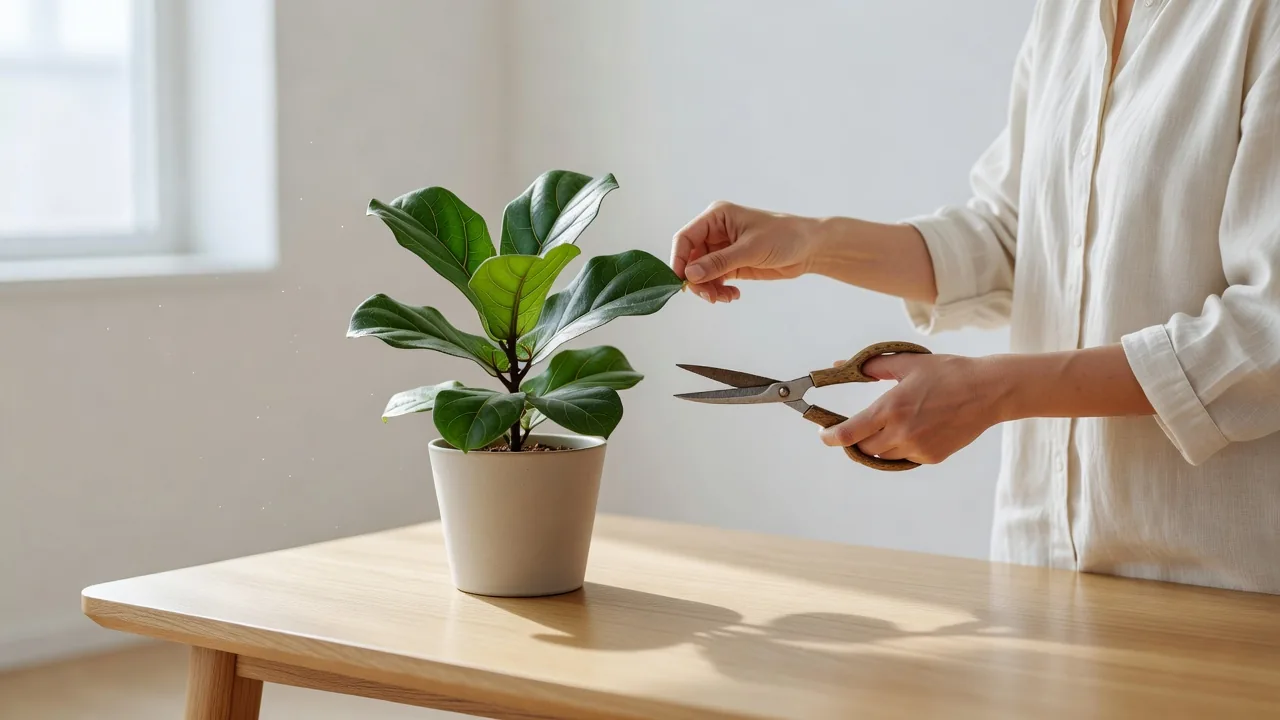 和鋏で観葉植物の葉を切り戻す手元