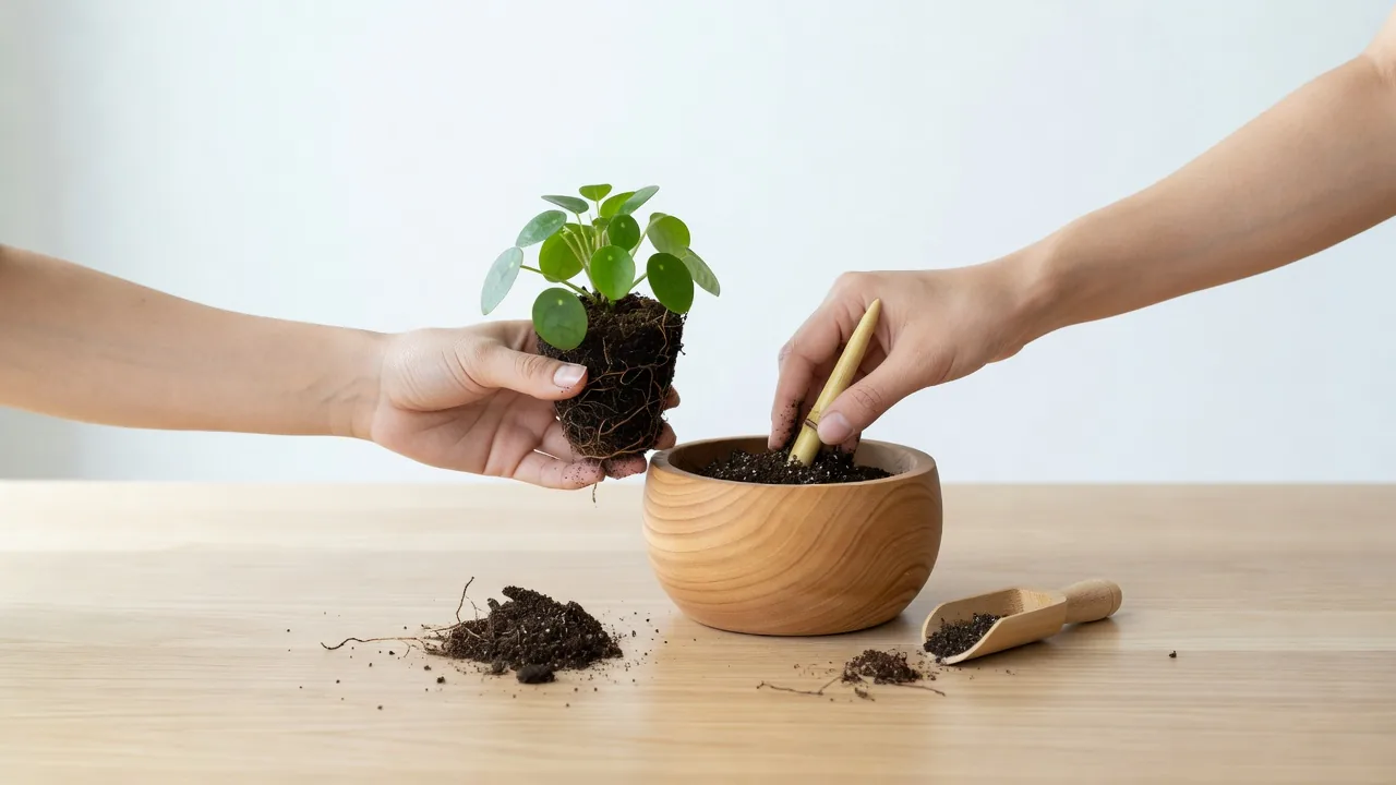 根鉢ごと苗を持ち上げて木鉢へ植え替える手元