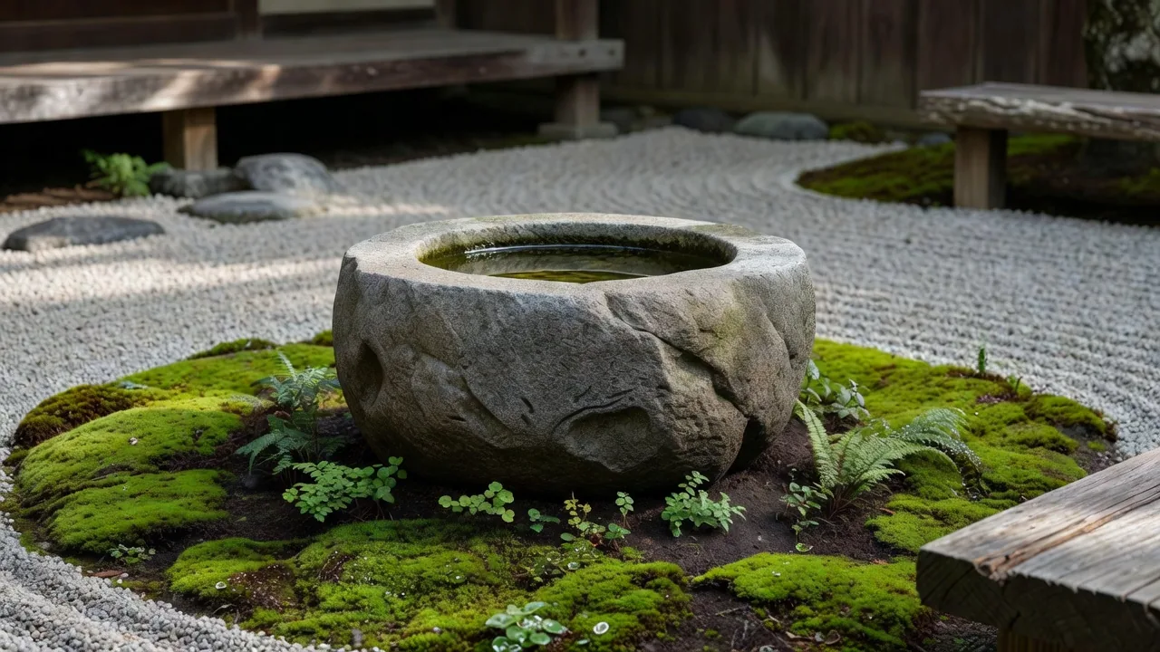 Tsukubai stone water basin surrounded by moss and gravel