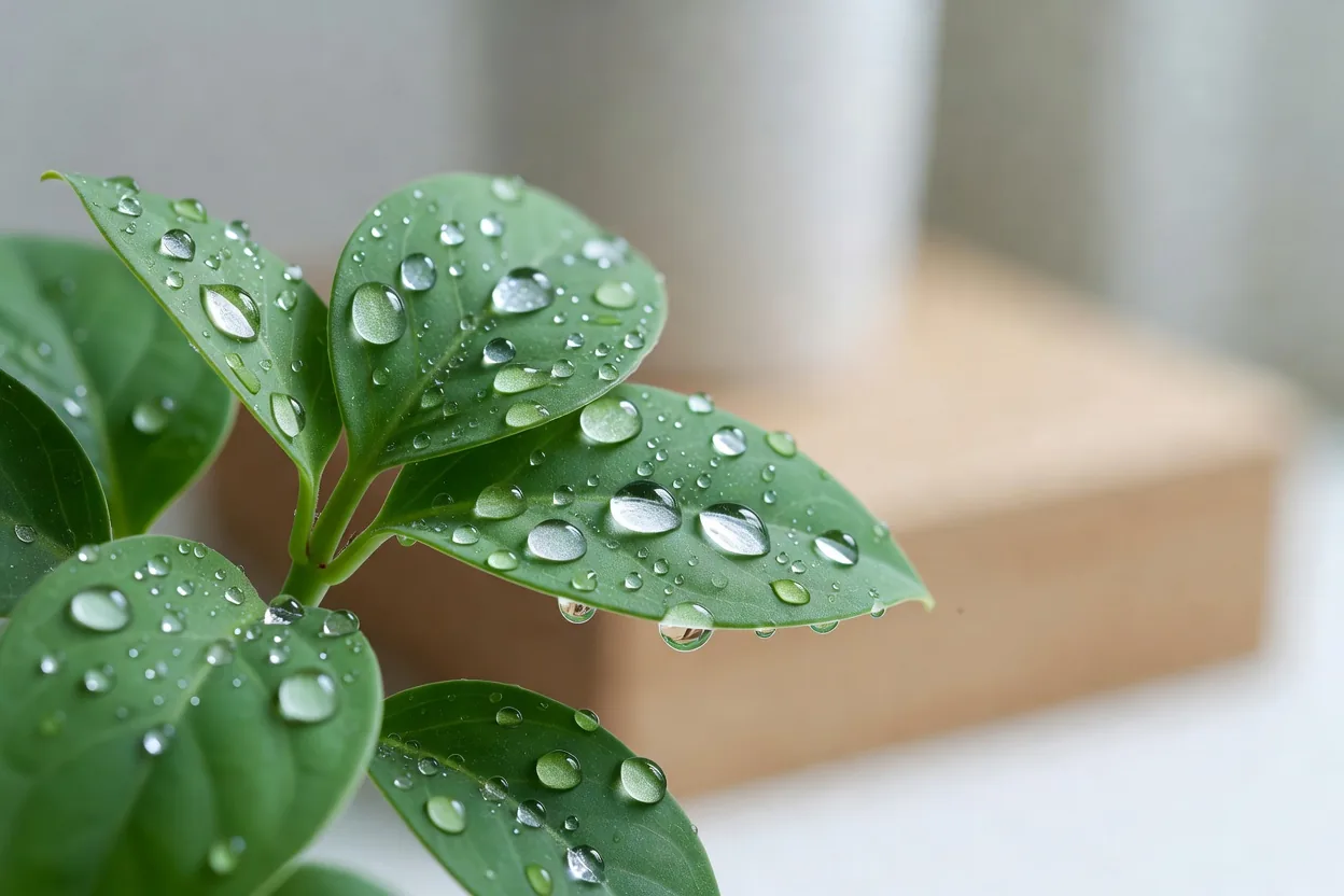 瑞々しい緑の葉に残る水滴