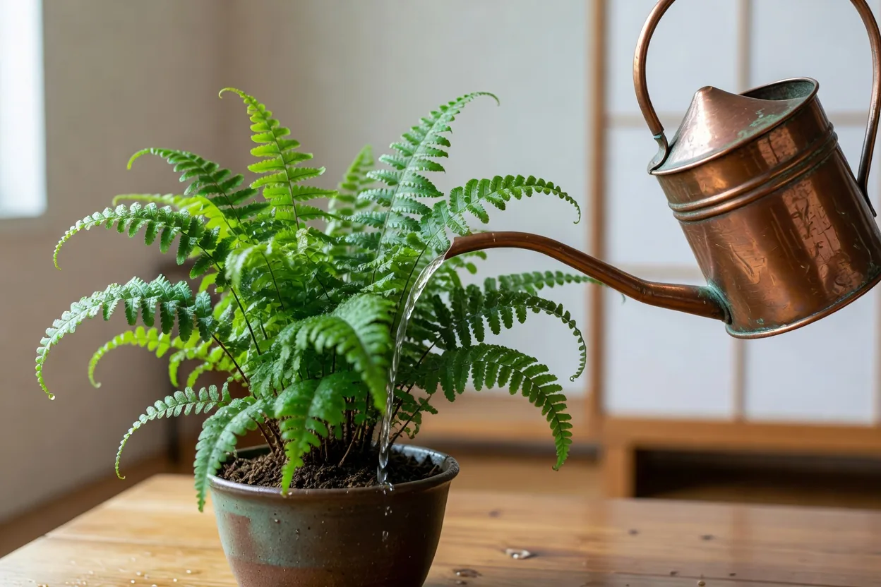 Watering a fern with a copper watering can