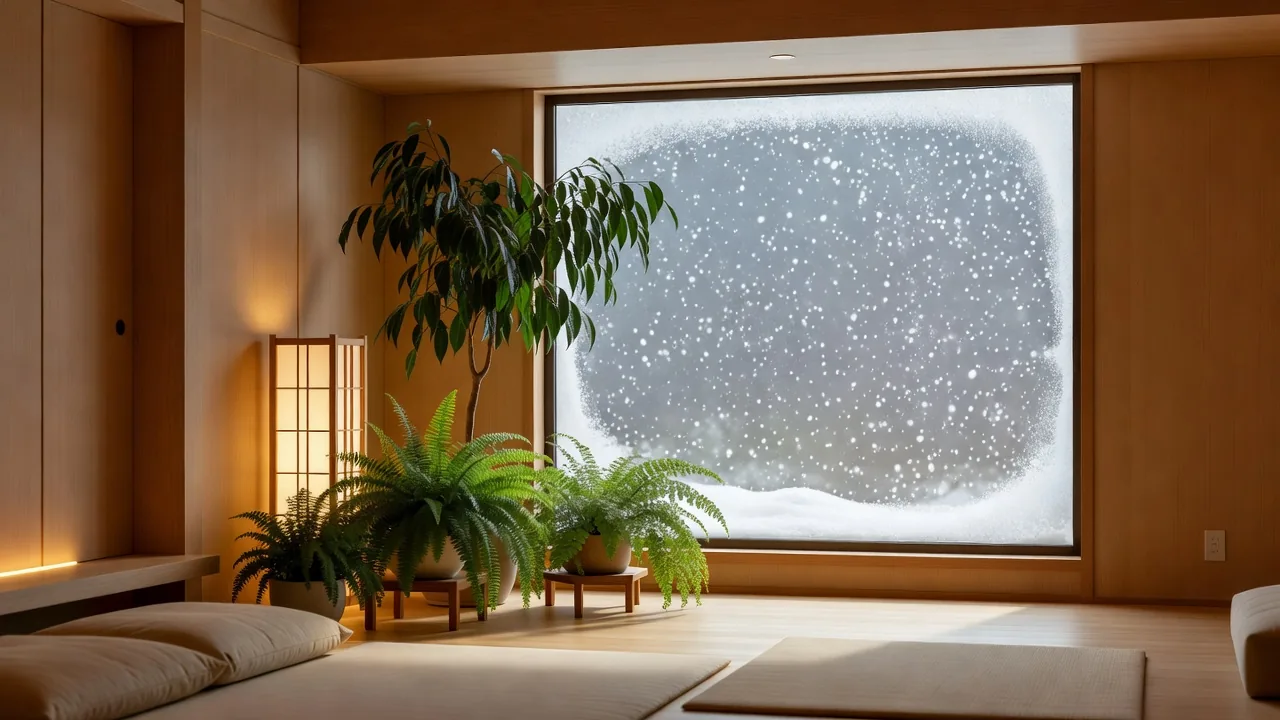 Indoor plants by a frosted window on a snowy day